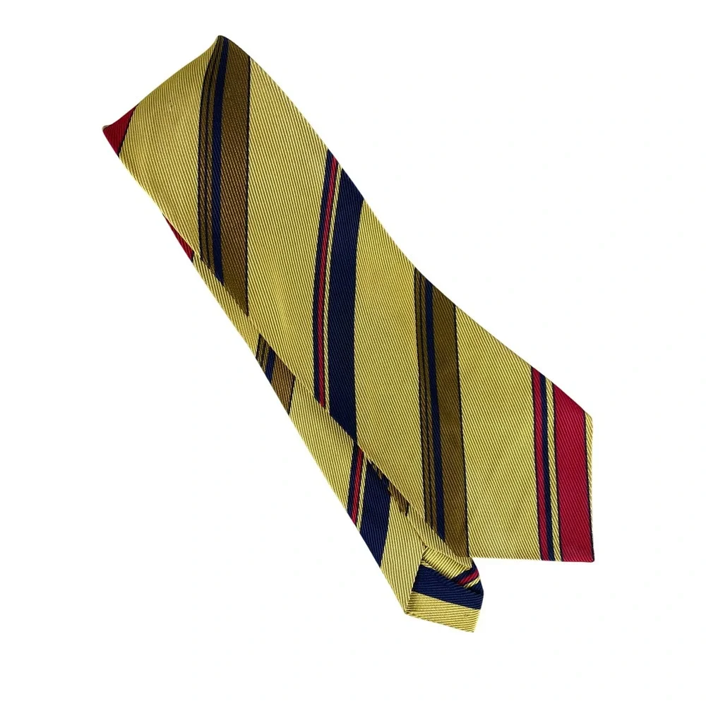 VTG Mens Tie Gold Yellow Red Navy Blue Olive Bold Repp Stripe Preppy 53x3.5